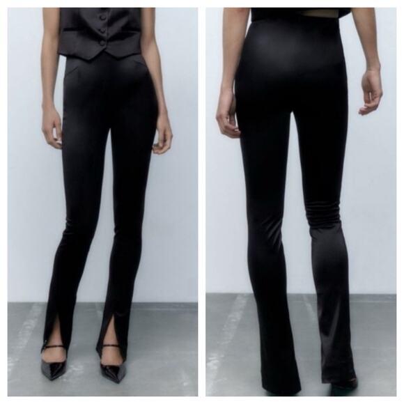 Zara Blck Satin Effect High Rise Split Leg Leggings Small High Rise Blogger Fave - Picture 1 of 9